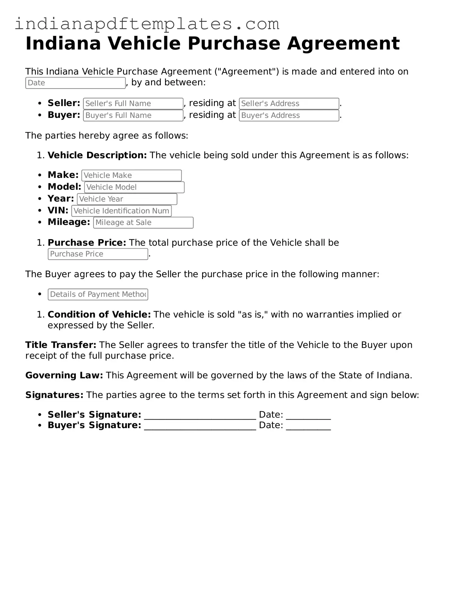 Blank Vehicle Purchase Agreement Form for the State of Indiana