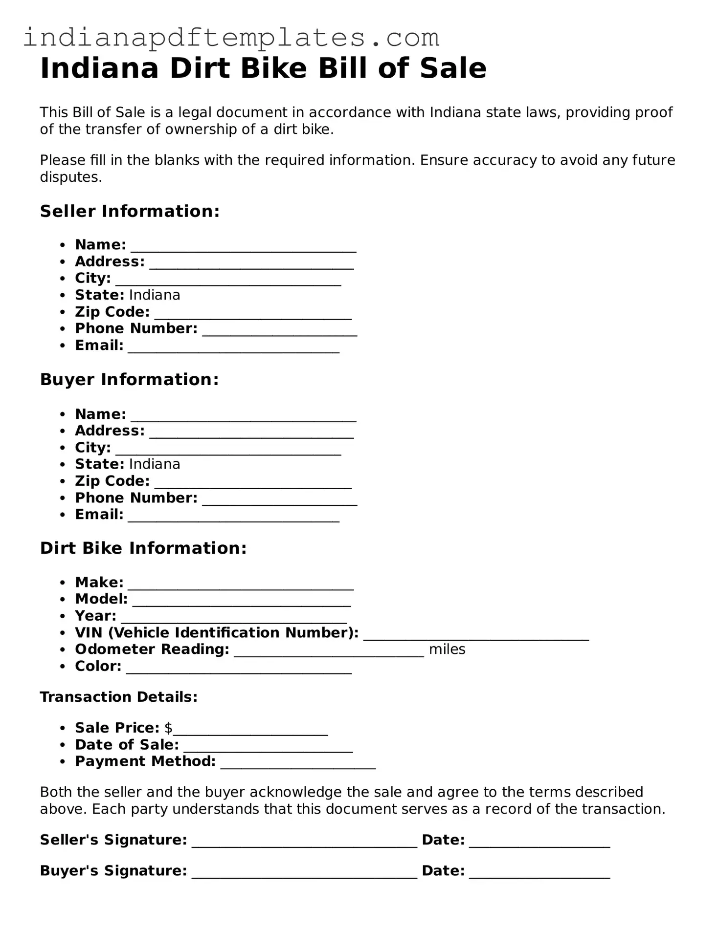 Blank Dirt Bike Bill of Sale Form for the State of Indiana