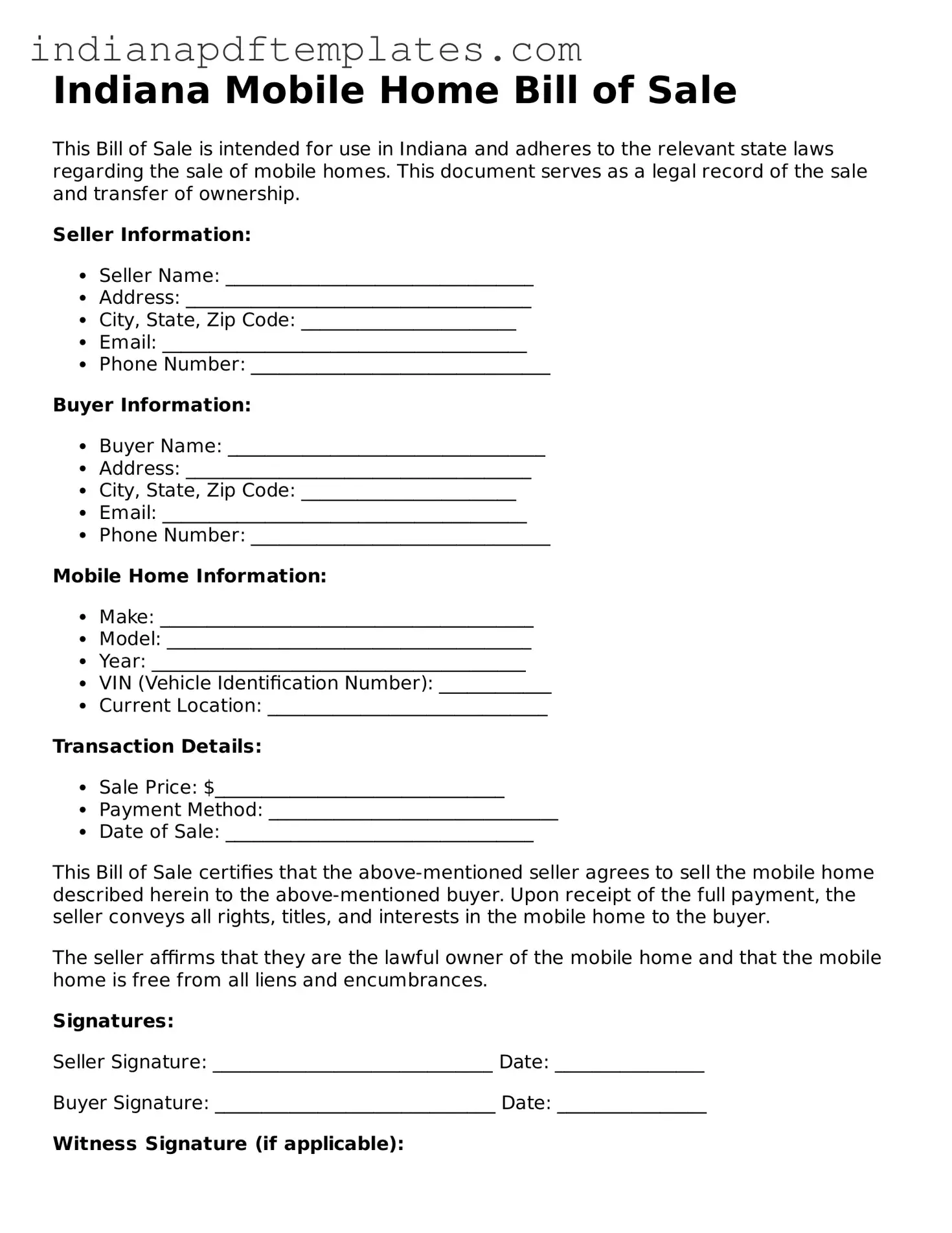 Blank Mobile Home Bill of Sale Form for the State of Indiana