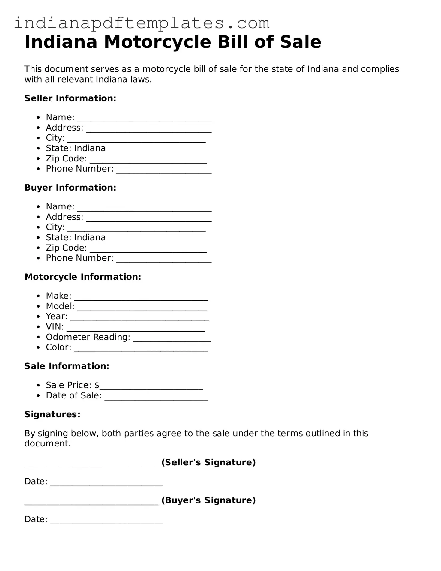 Blank Motorcycle Bill of Sale Form for the State of Indiana