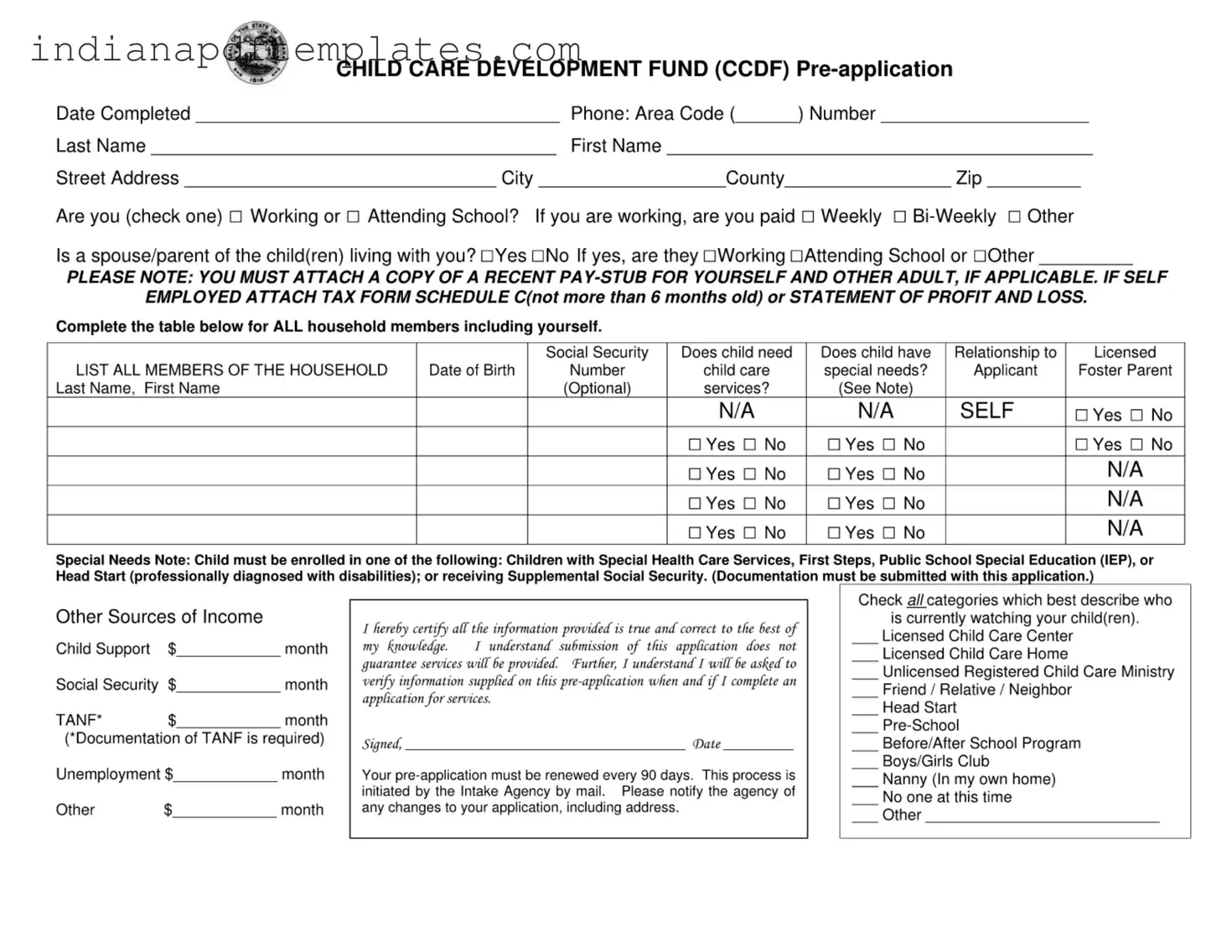 Printable Indiana Ccdf Application Form