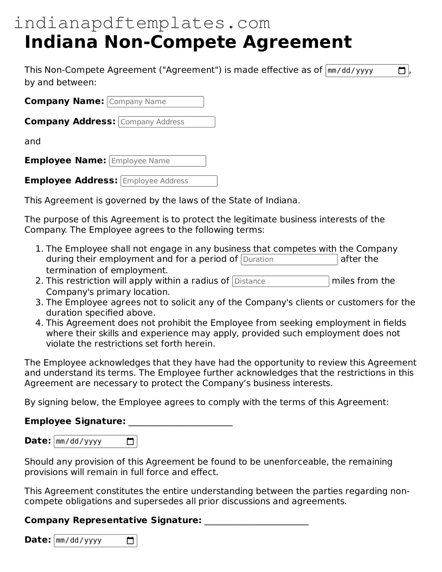 Blank Non-compete Agreement Form for the State of Indiana