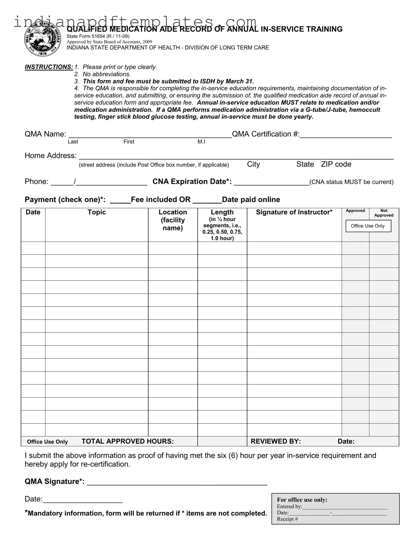 Printable Indiana Department Annual Inservice Form