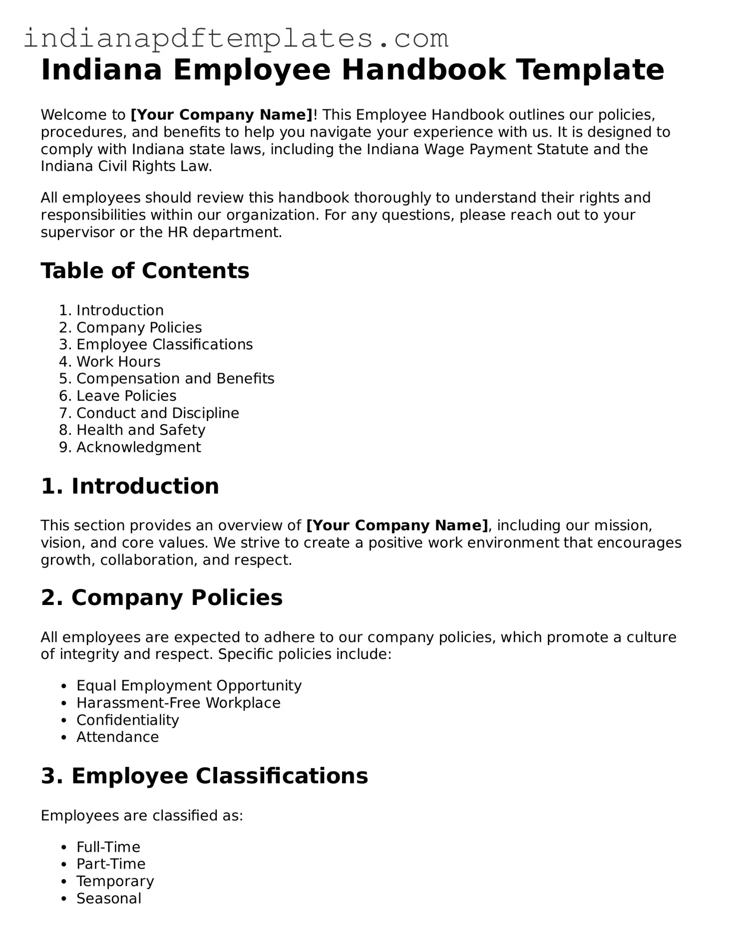 Blank Employee Handbook Form for the State of Indiana