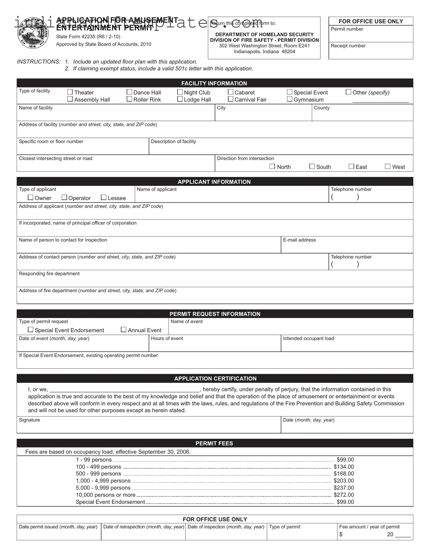 Printable Indiana Entertainment Permit Form