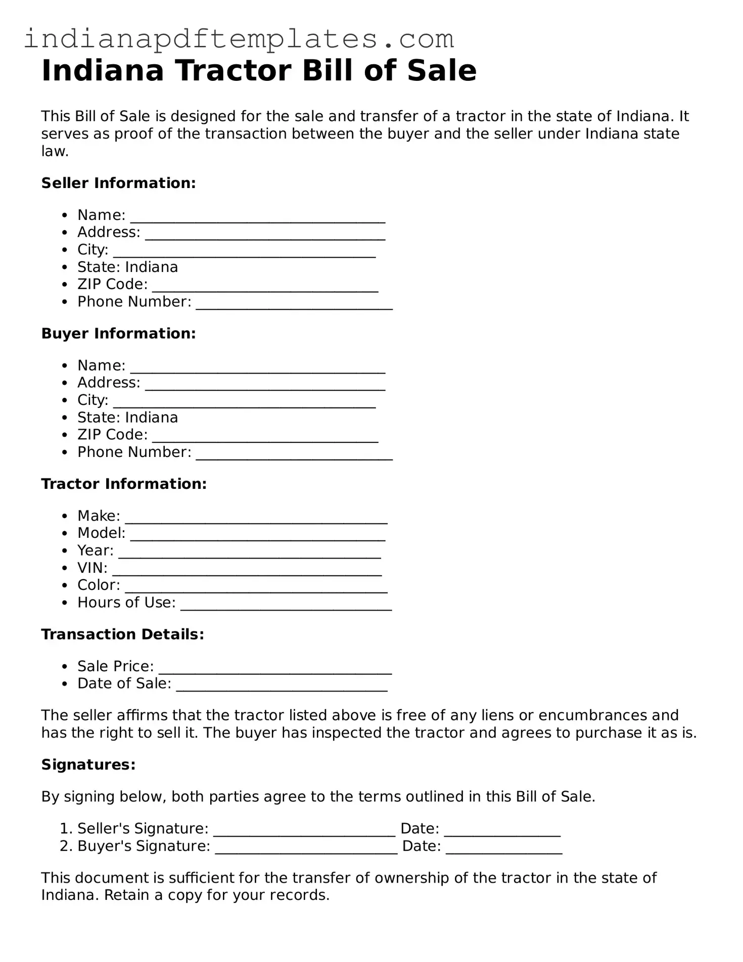 Blank Tractor Bill of Sale Form for the State of Indiana