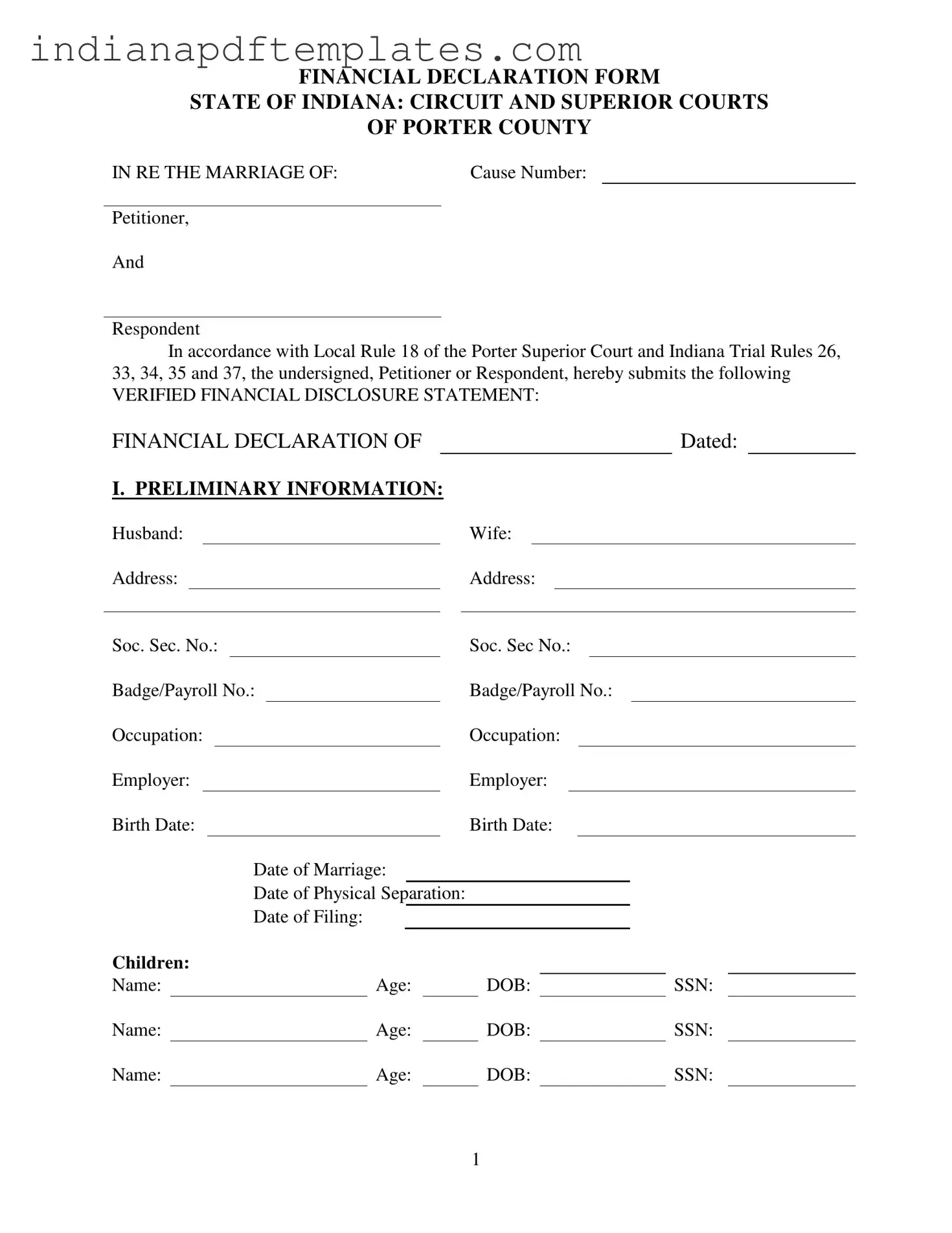 Printable Indiana Financial Declaration Form