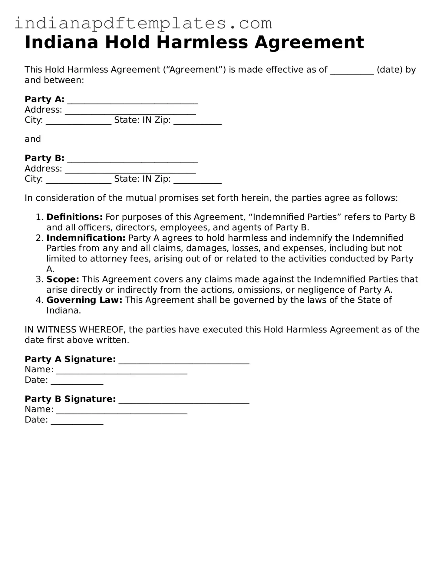 Blank Hold Harmless Agreement Form for the State of Indiana