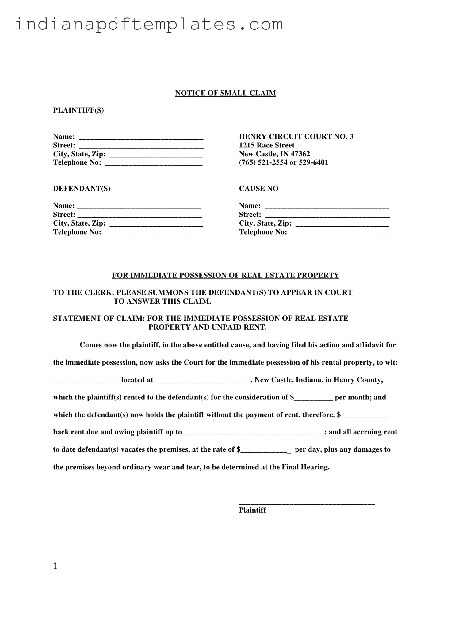 Printable Indiana Immediate Possession Form