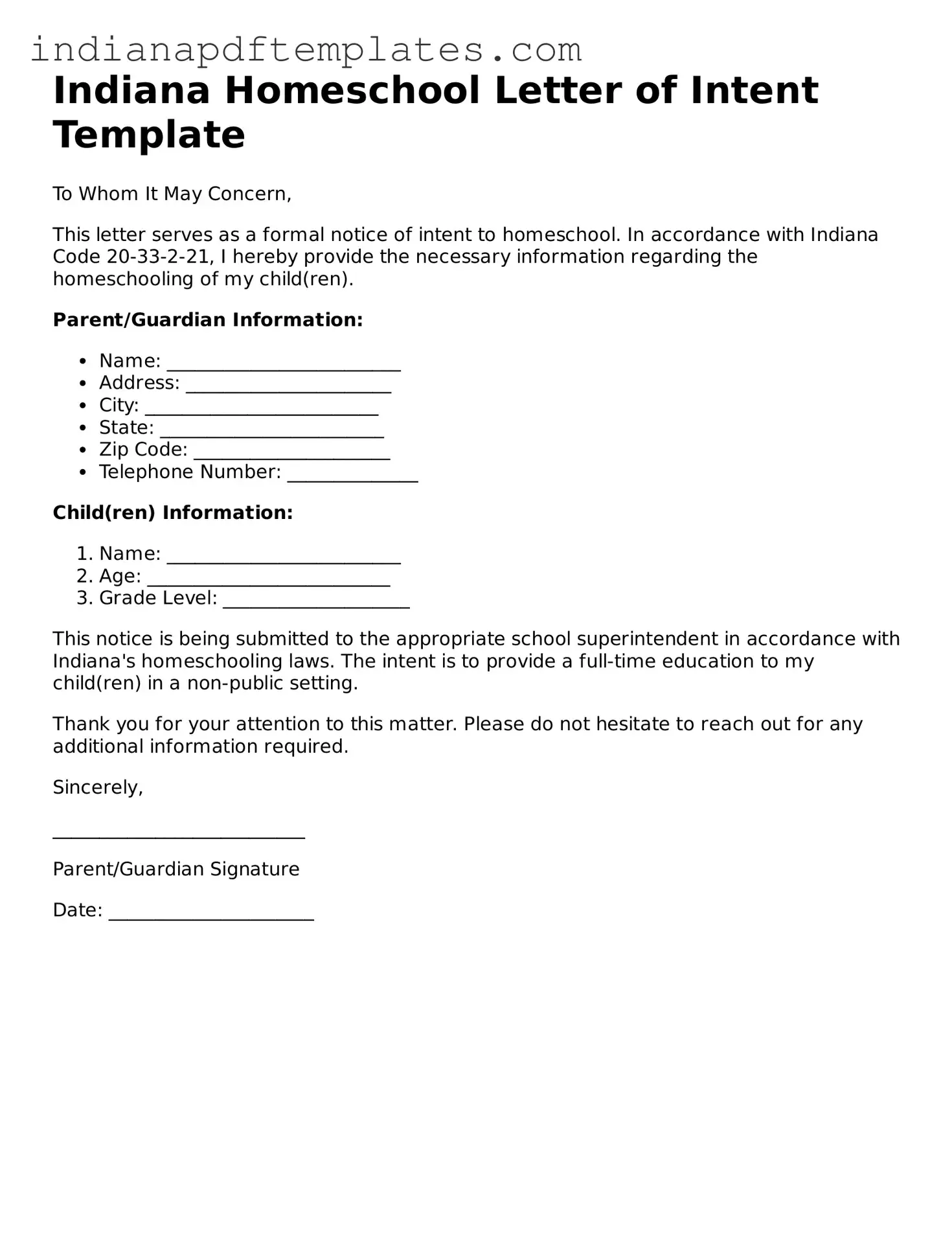 Blank Homeschool Letter of Intent Form for the State of Indiana