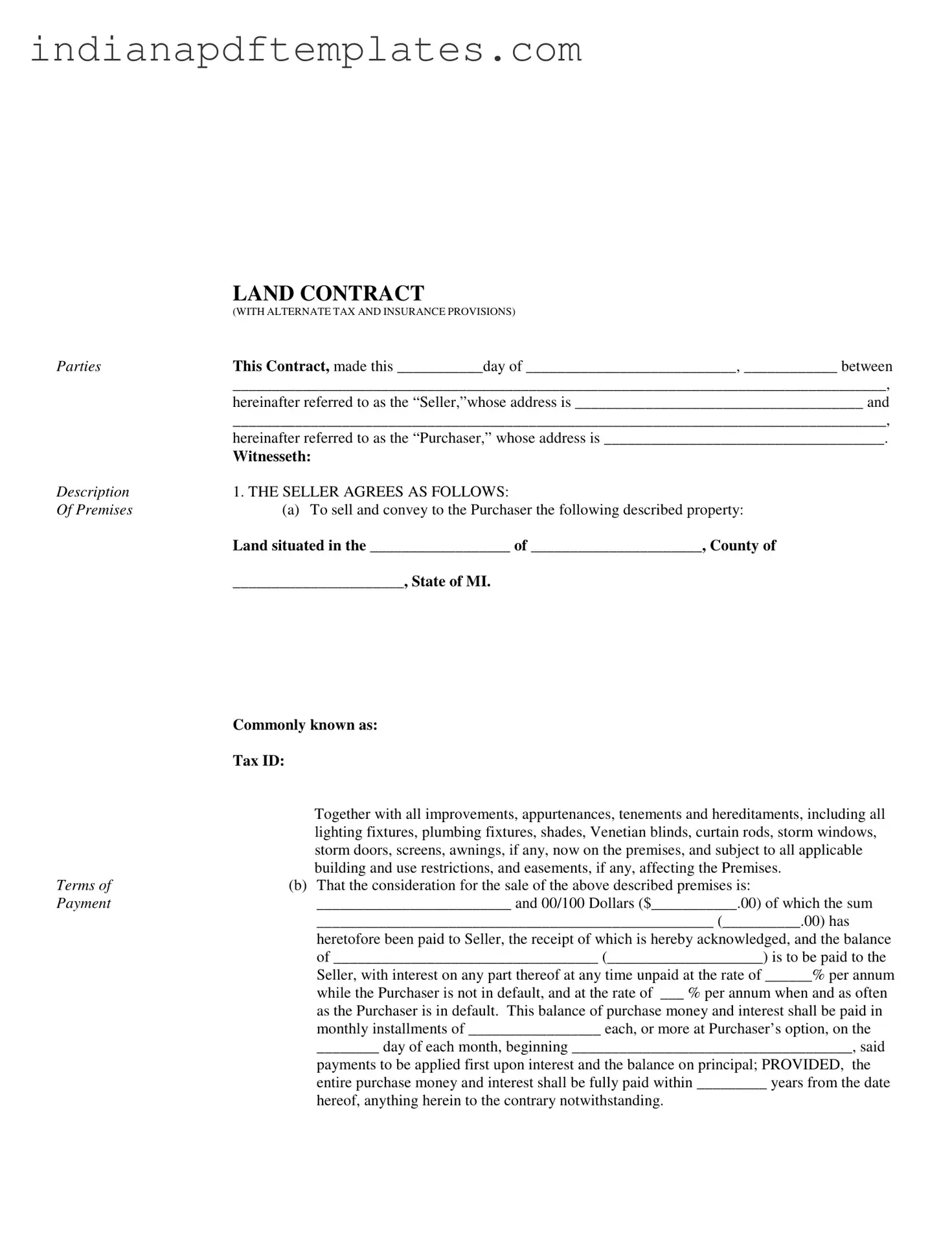 Printable Indiana Land Contract Example Form