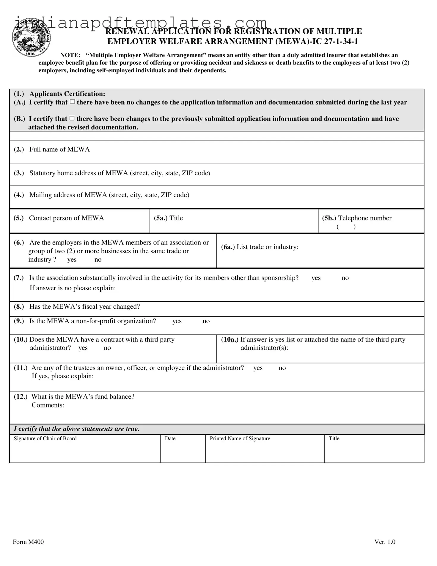Printable Indiana M400 Form
