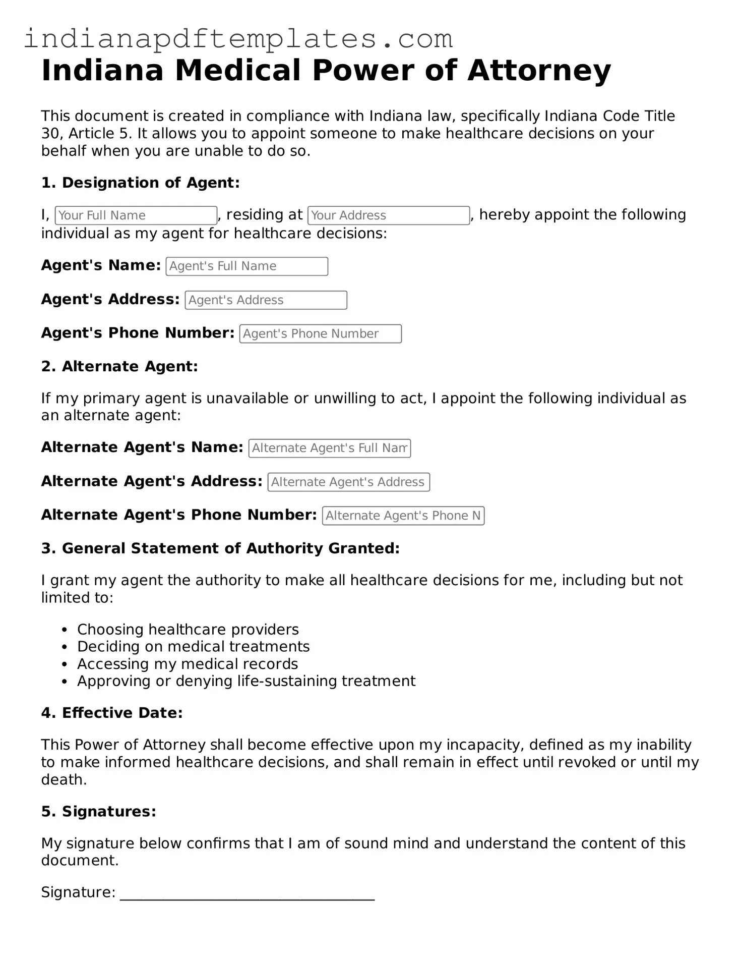 Blank Medical Power of Attorney Form for the State of Indiana