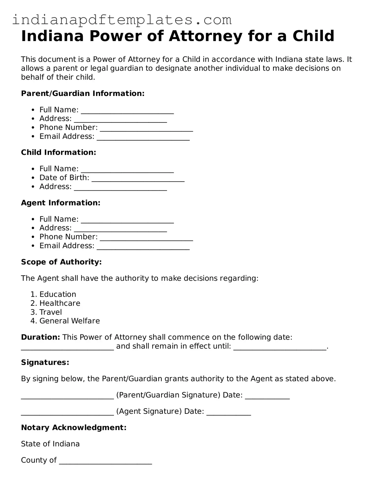 Blank Power of Attorney for a Child Form for the State of Indiana