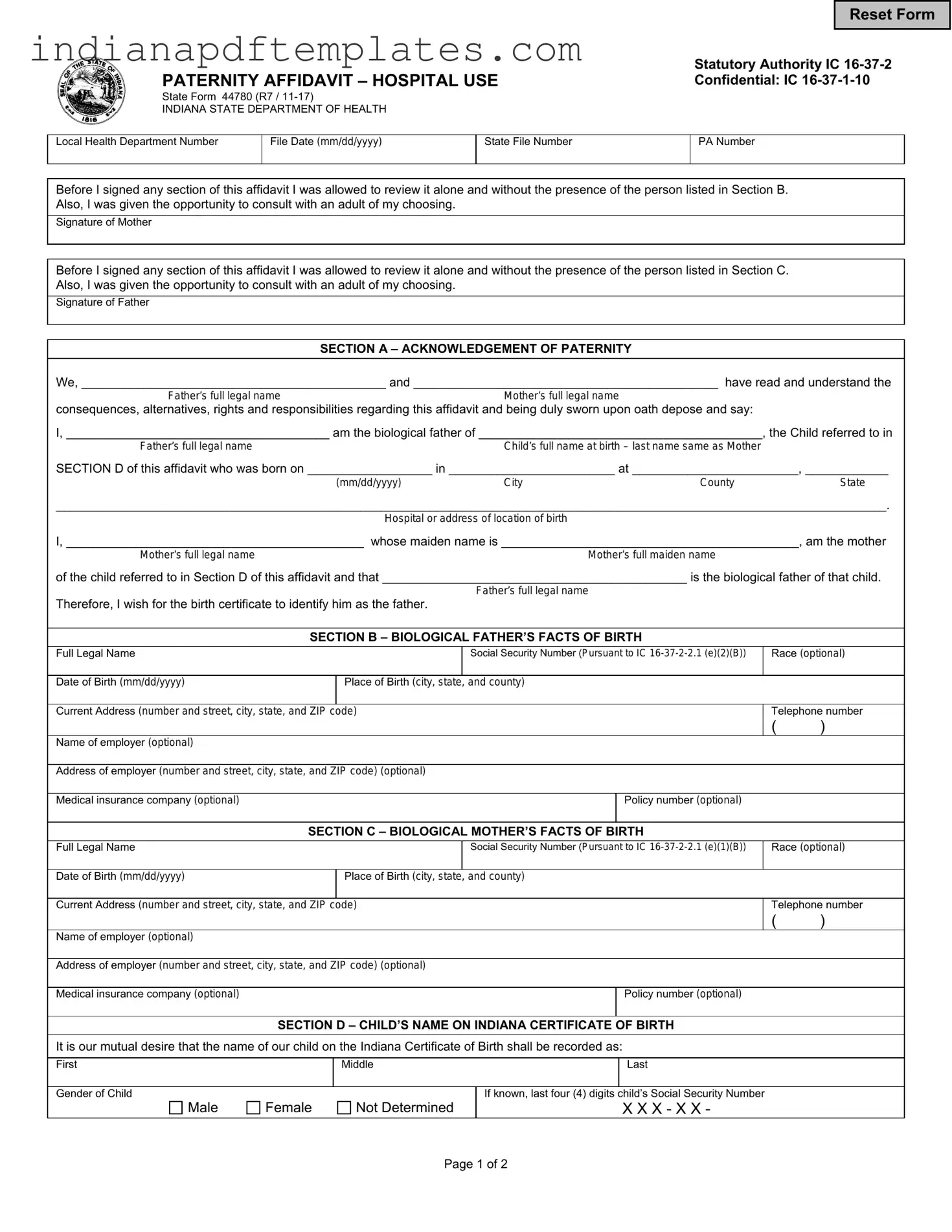Printable Indiana Paternity Affidavit 44780 Form