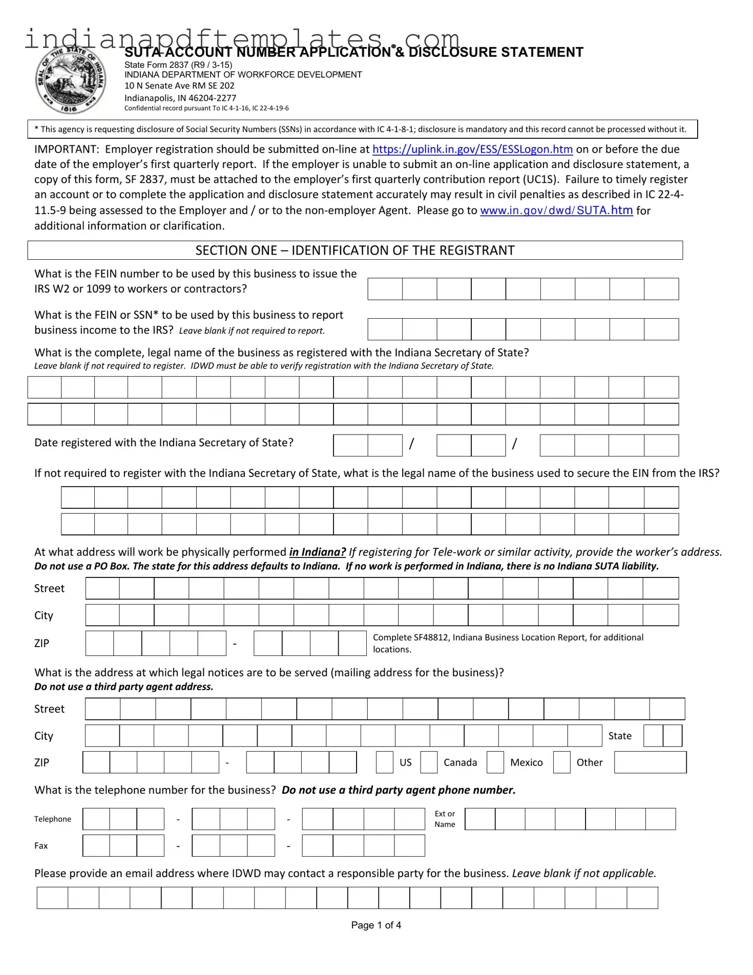 Printable Indiana Sf 2837 Form
