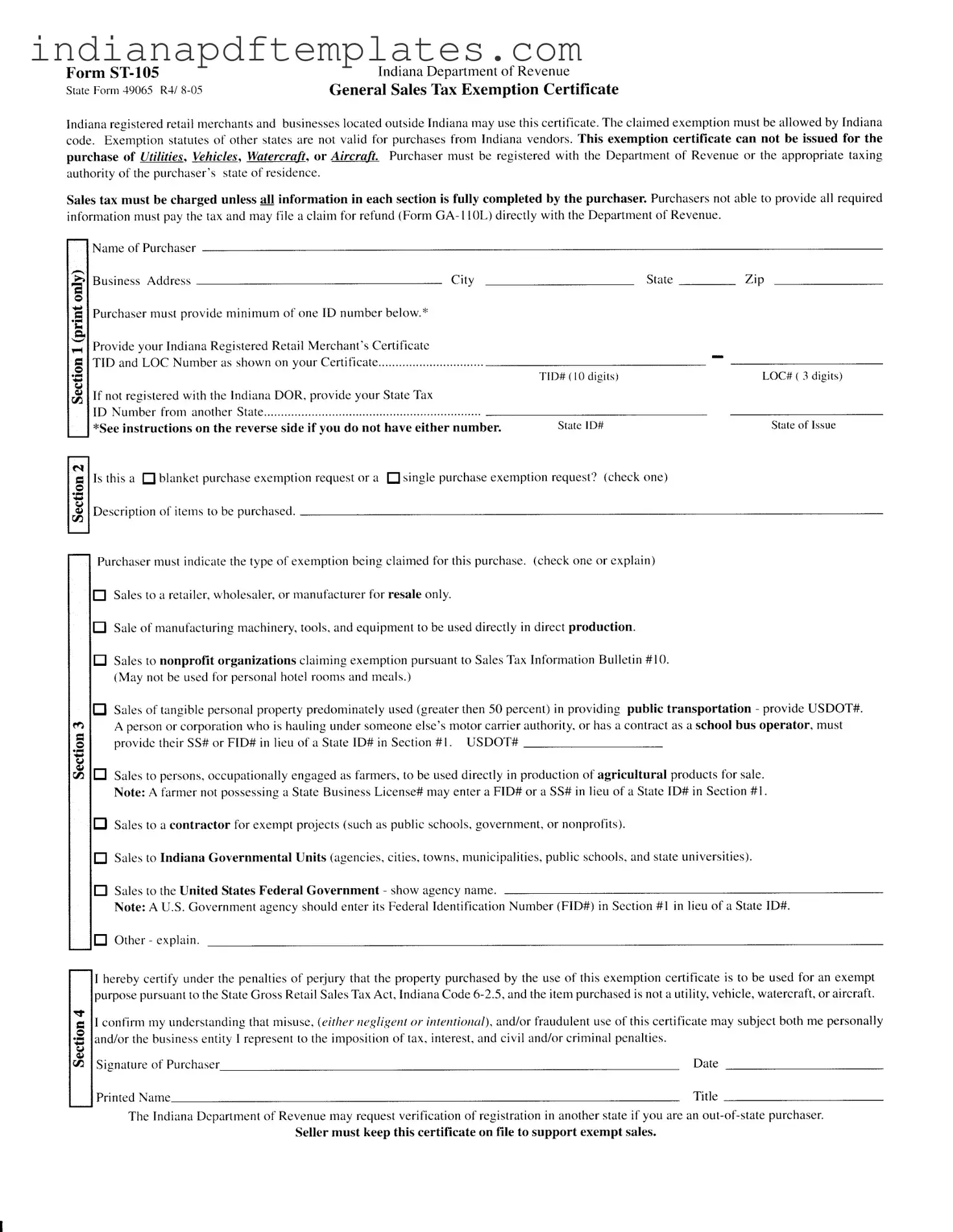 Printable Indiana St 105 Form
