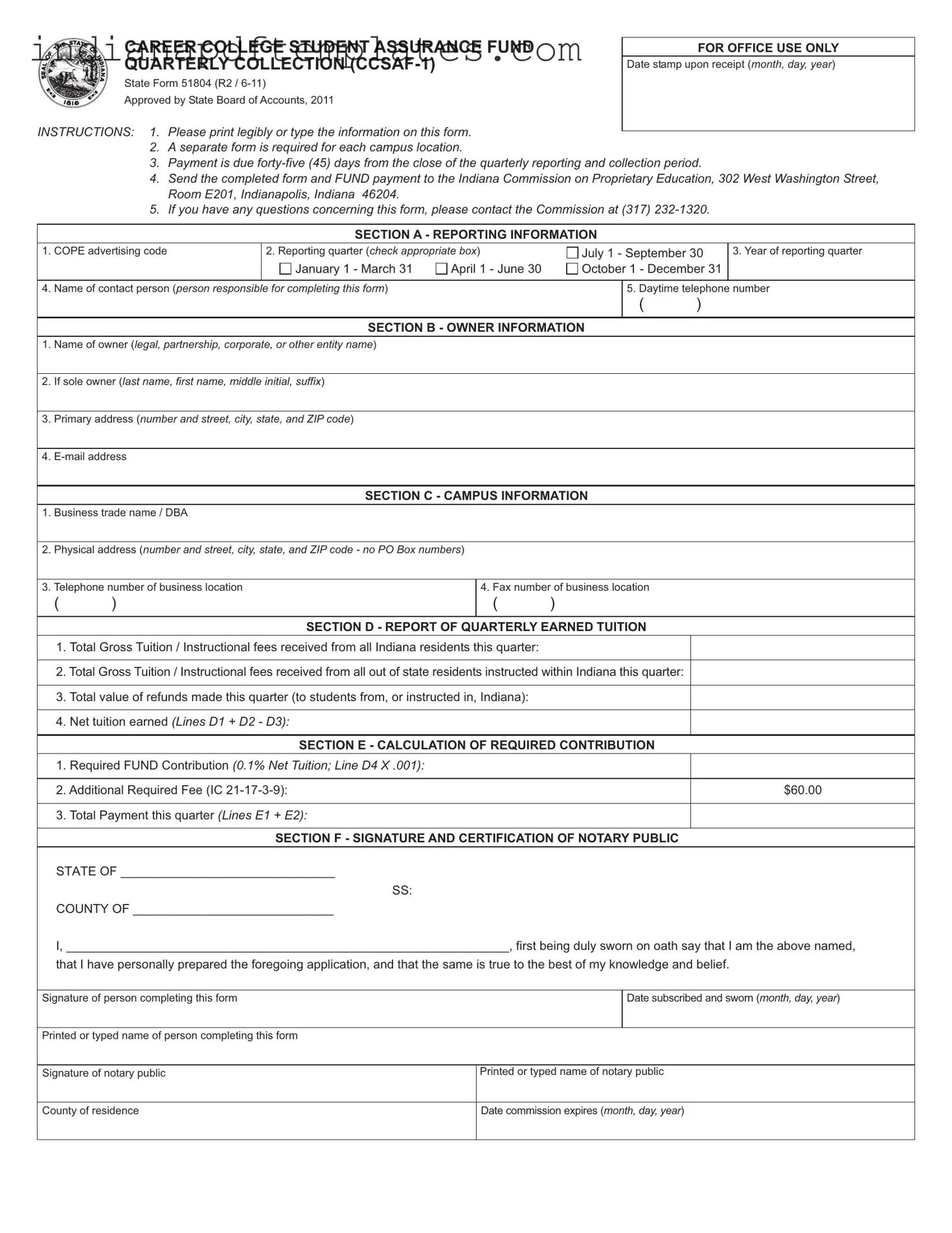Printable Indiana State 51804 Form