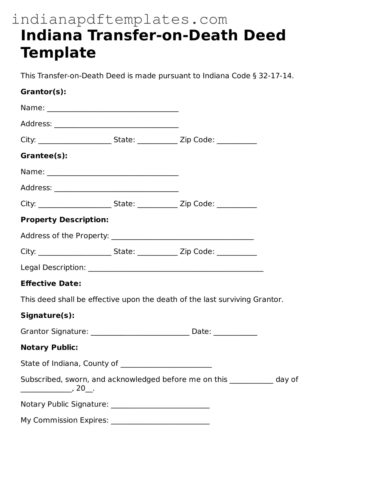 Blank Transfer-on-Death Deed Form for the State of Indiana