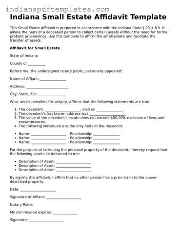 Blank Small Estate Affidavit Form for the State of Indiana