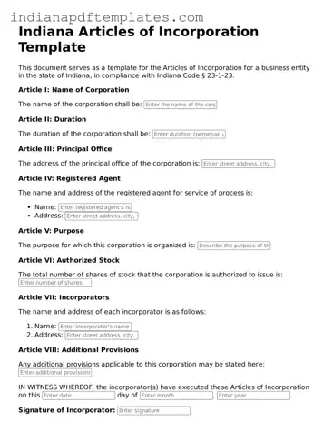 Blank Articles of Incorporation Form for the State of Indiana