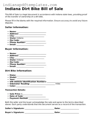 Blank Dirt Bike Bill of Sale Form for the State of Indiana