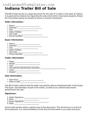 Blank Trailer Bill of Sale Form for the State of Indiana