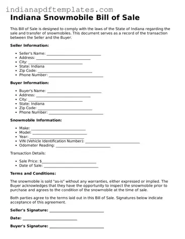 Blank Snowmobile Bill of Sale Form for the State of Indiana