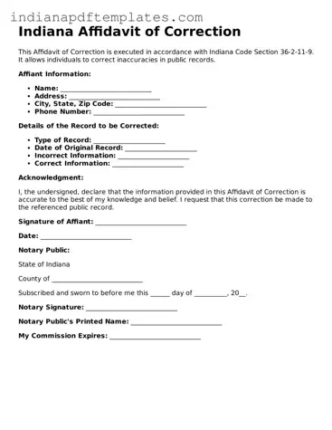 Blank Affidavit of Correction Form for the State of Indiana