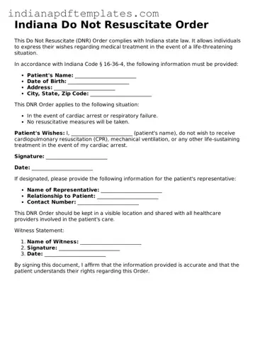 Blank Do Not Resuscitate Order Form for the State of Indiana