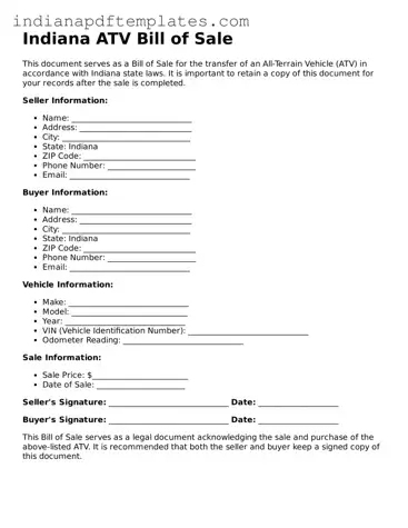 Blank ATV Bill of Sale Form for the State of Indiana