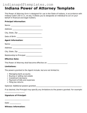 Blank Power of Attorney Form for the State of Indiana
