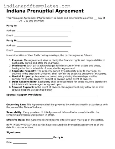 Blank Prenuptial Agreement Form for the State of Indiana