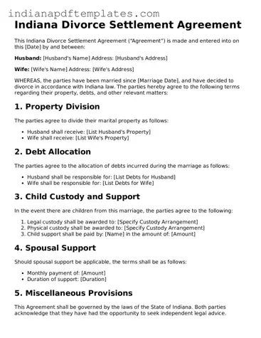 Blank Divorce Settlement Agreement Form for the State of Indiana