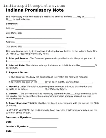 Blank Promissory Note Form for the State of Indiana
