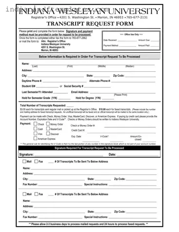 Printable Indiana Transcript Request Form