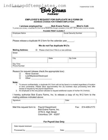 Printable W2 Bob Evans Indianapolis Form